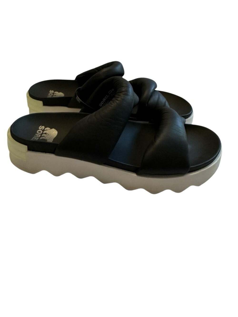 Sorel Viibe Twist Platform Slide Sandals Black Puffy Comfort Athleisure Womens 9